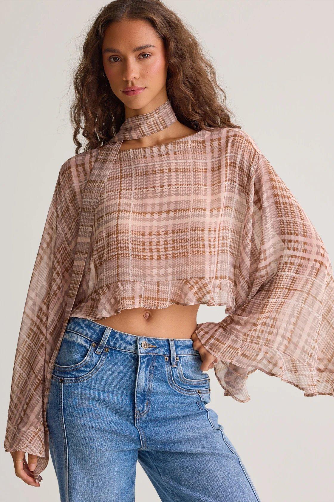 chiffon brown plaid top