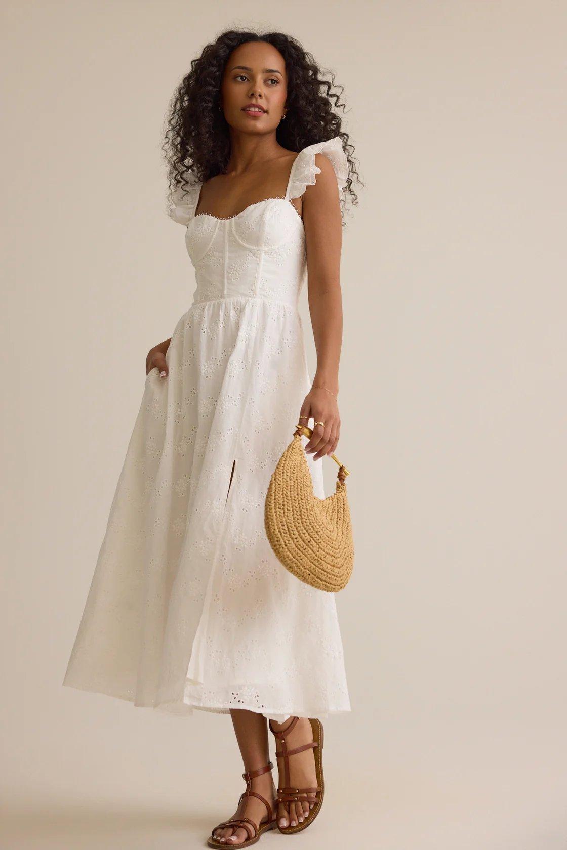 white flutter sleeve eyelet maxi dress