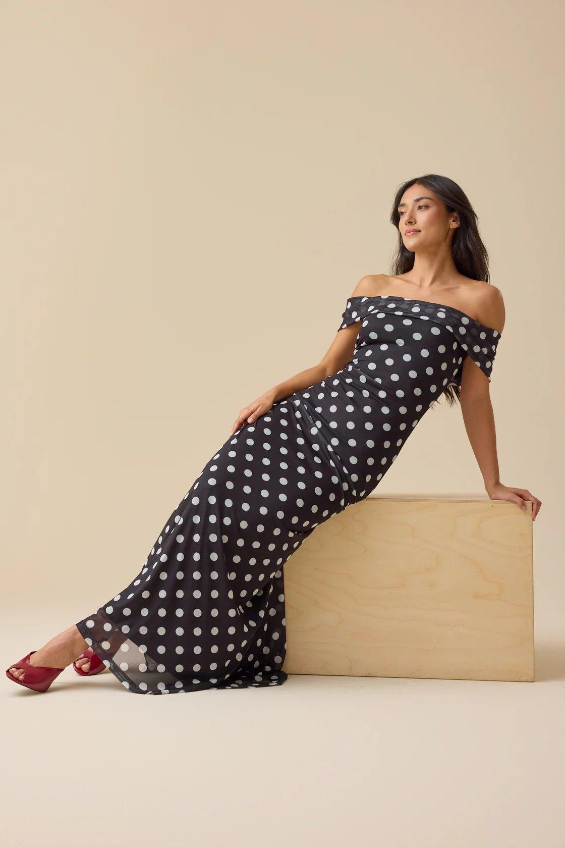 off the shoulder black and white polka dot maxi dress