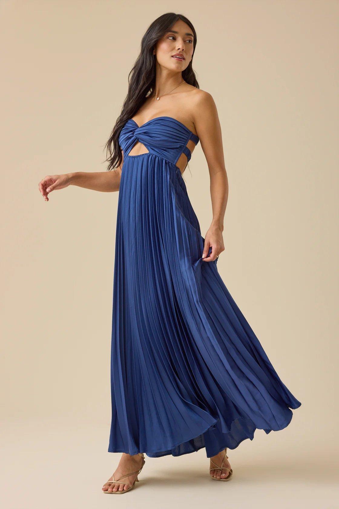 navy strapless pleated maxi dress