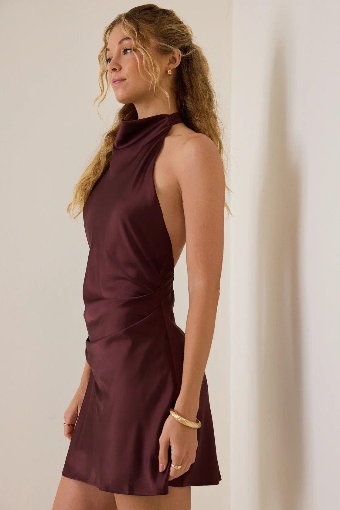 brown halter neck satin slip mini dress