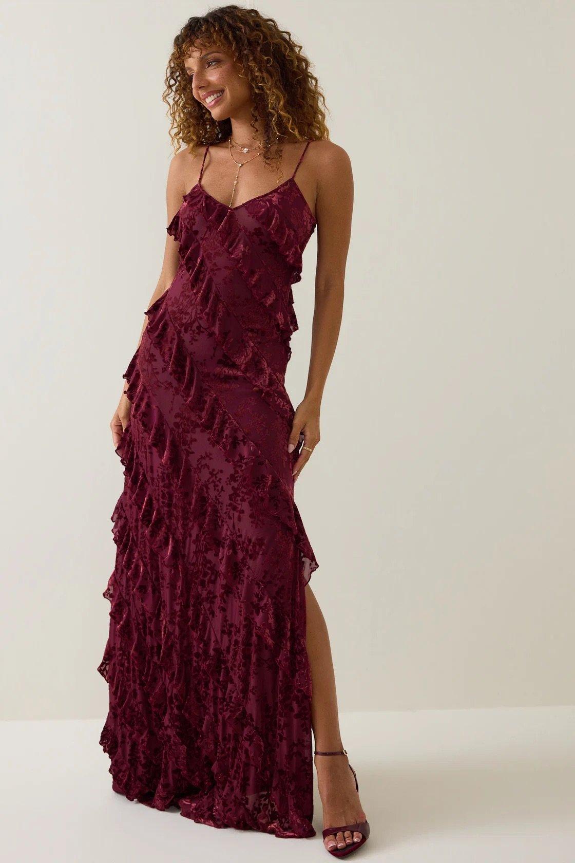 burgundy floral velvet maxi dress with ruffles