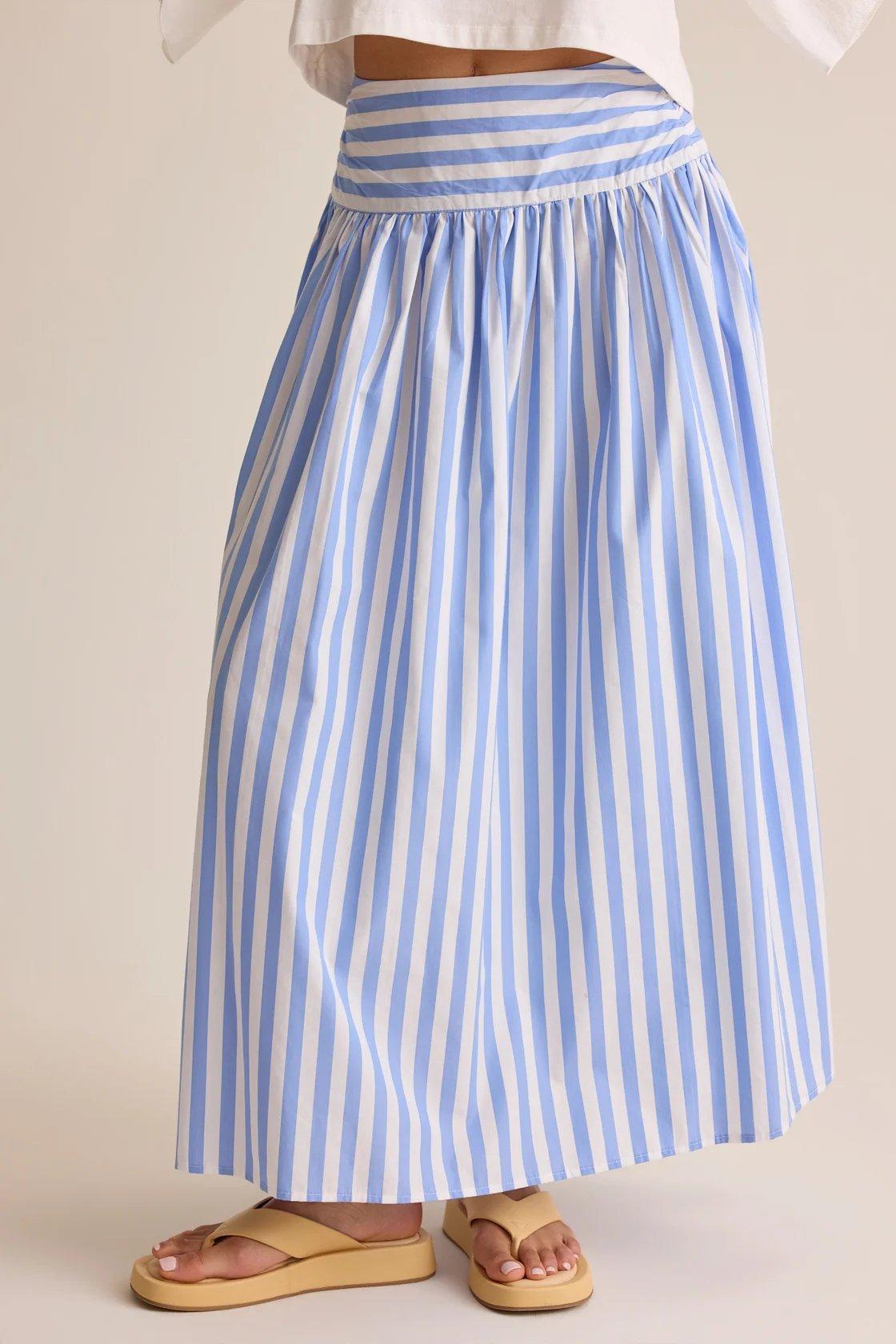 white and blue striped drop waist maxi skirt