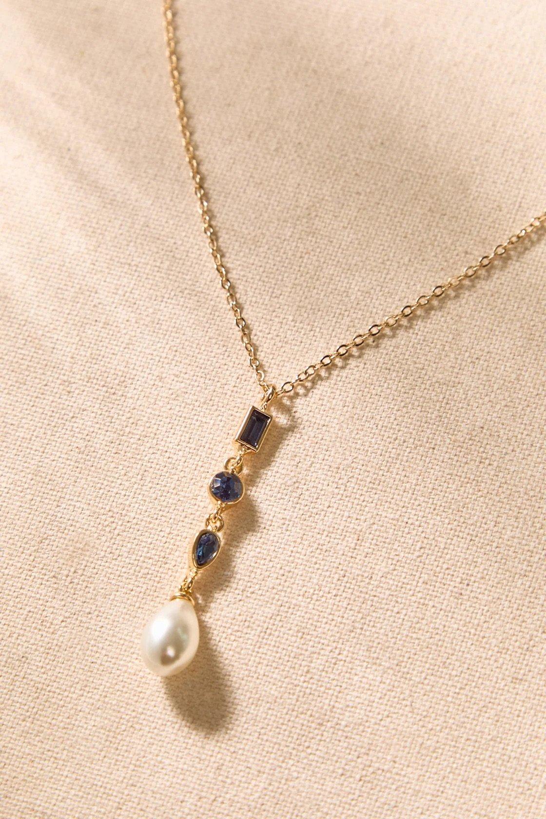 gold Navy Jewel and Pearl Y Necklace