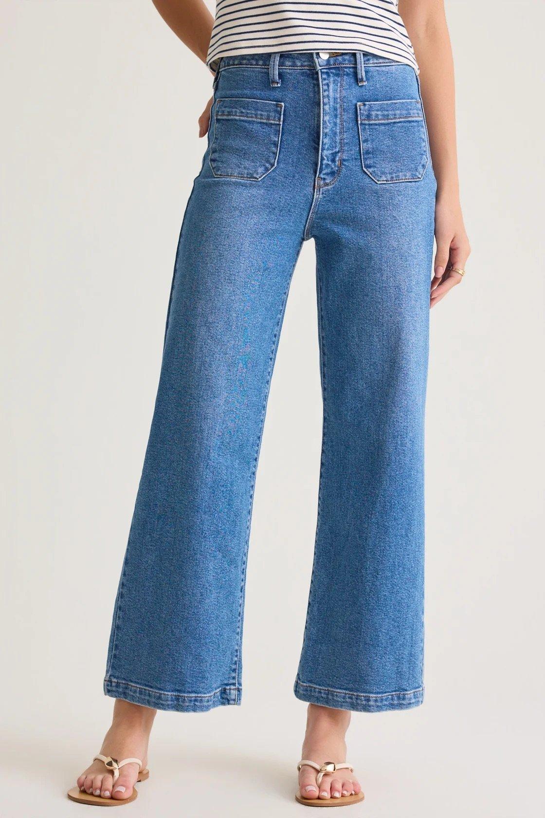 high rise denim jeans with front patch pockets