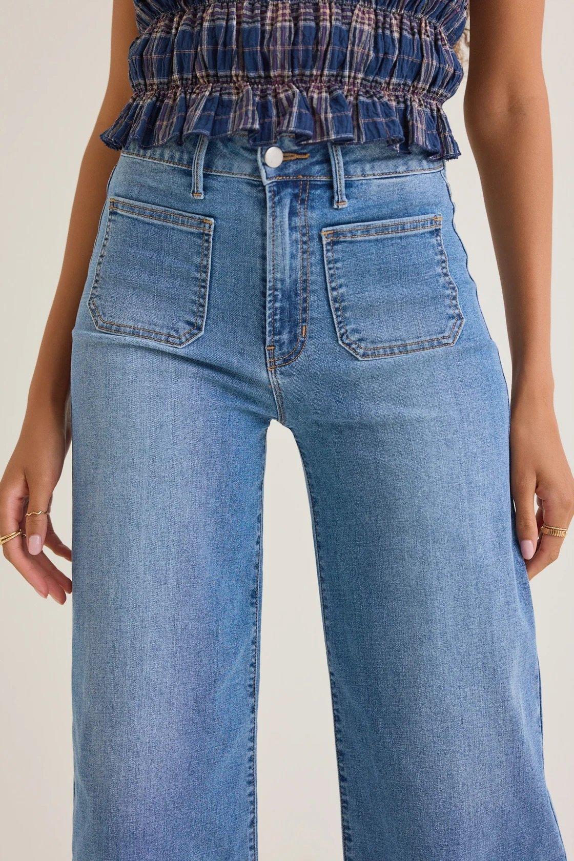 Light wash straight leg denim jeans