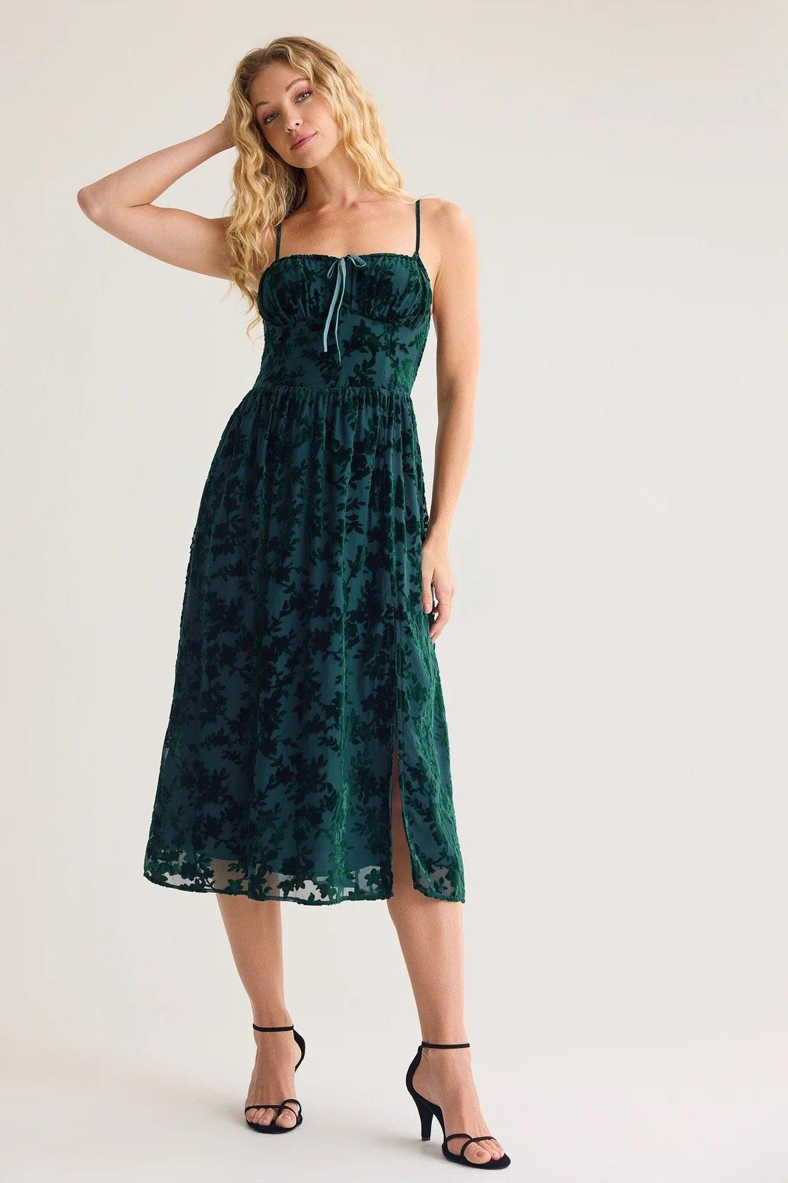 blue green midi dress with floral velvet detailing