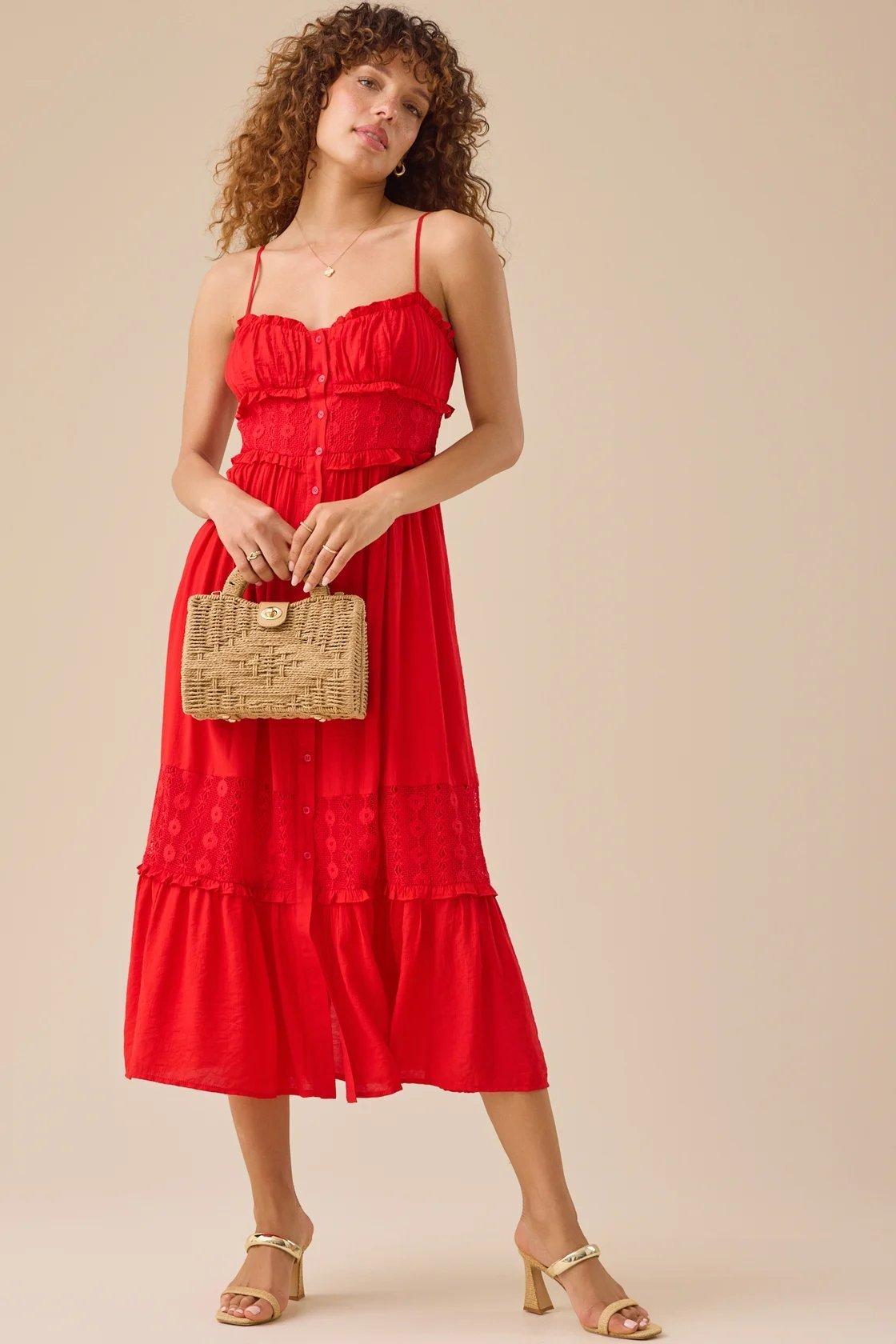 red woven maxi dress with button down the front