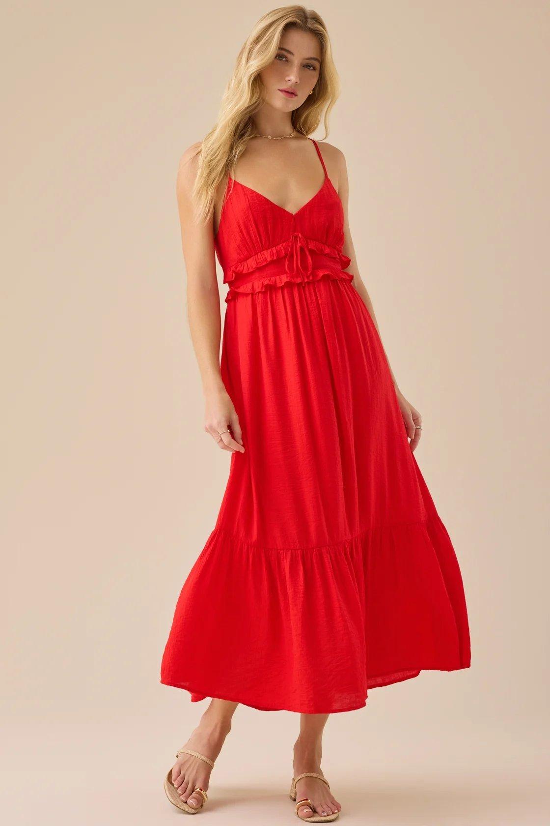red spaghetti strapped maxi dress