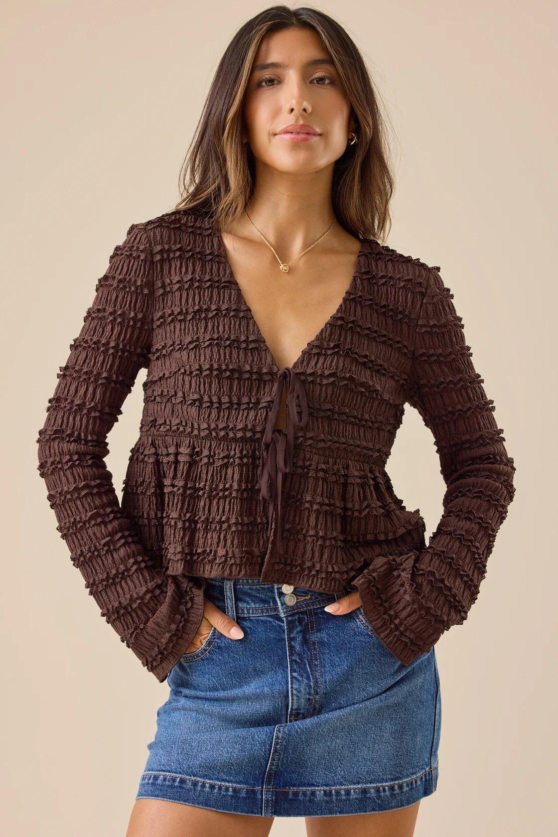 brown ruffle tie front top