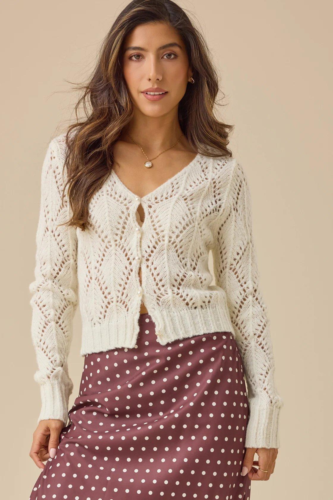 white pearl button pointelle cardigan