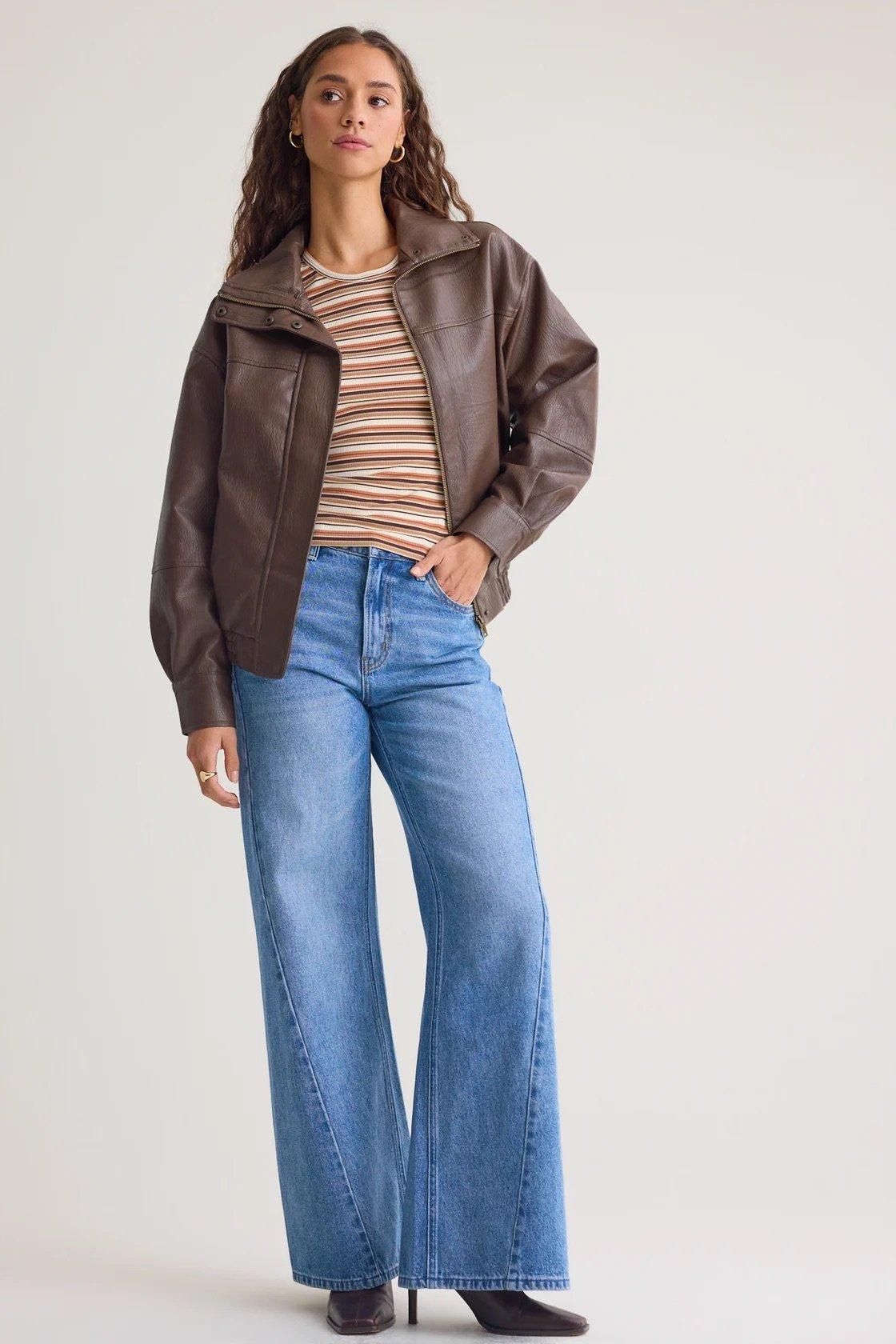 brown vegan leather bomber jacket