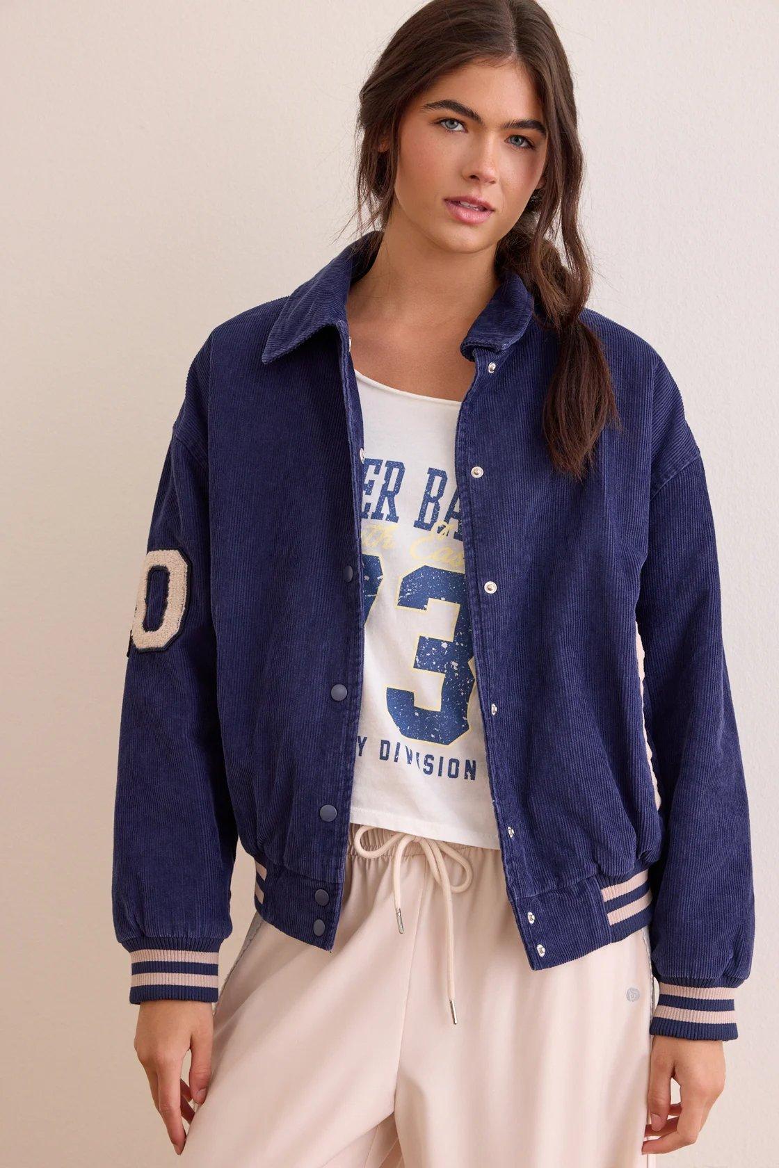 navy blue varsity corduroy jacket