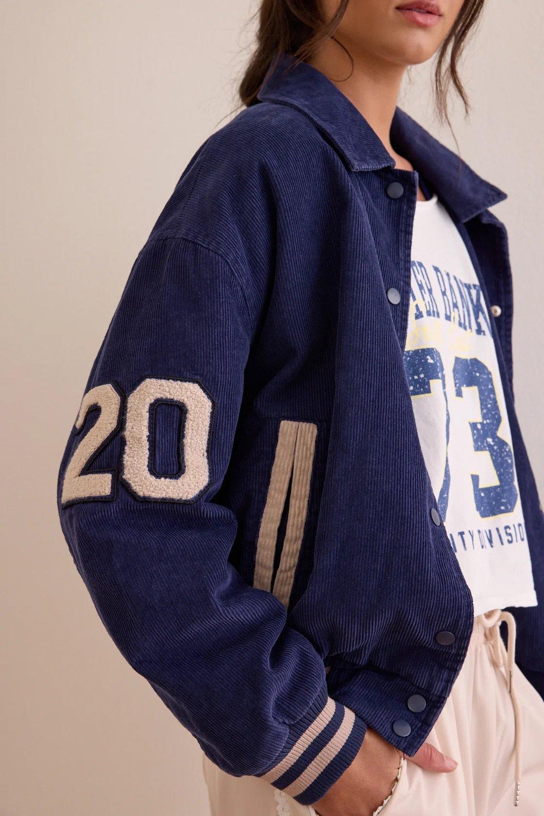 blue Varsity corduroy Jacket with "20" patch