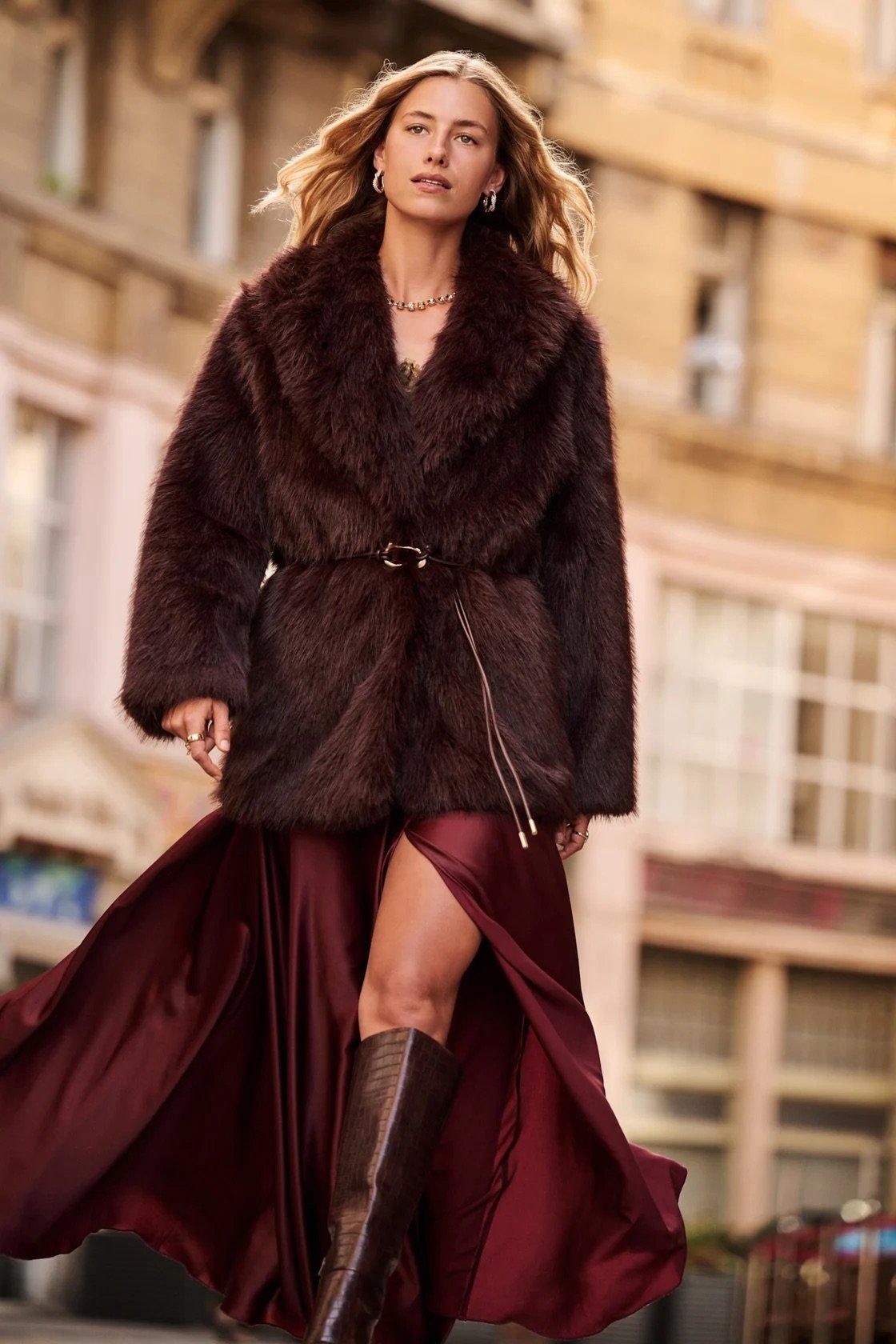 brown faux leather fur belted coat