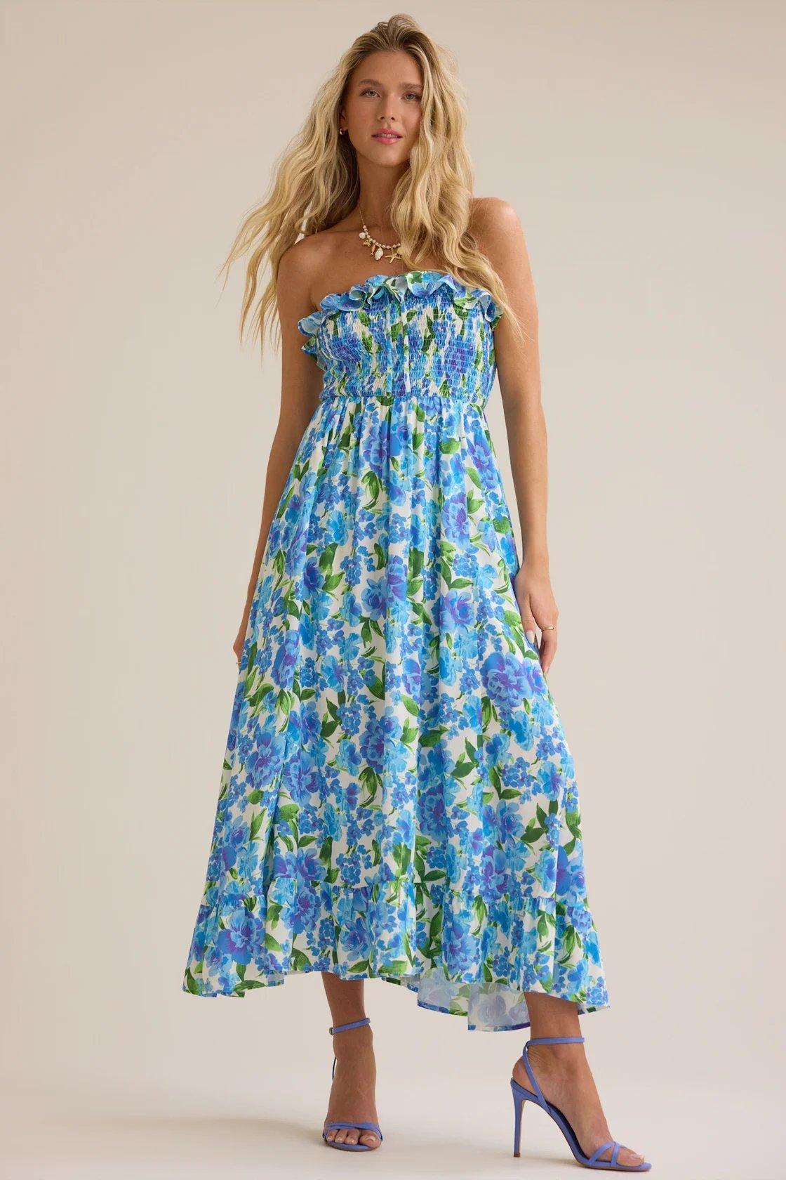 blue floral strapless midi dress