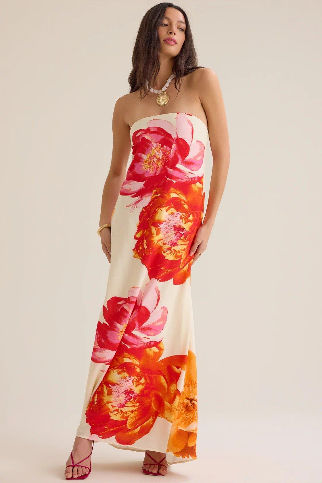 multi-colored floral strapless maxi dress