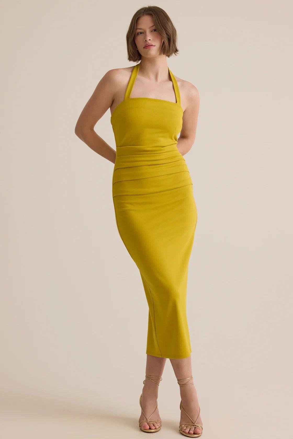 yellow-green fitted maxi dress