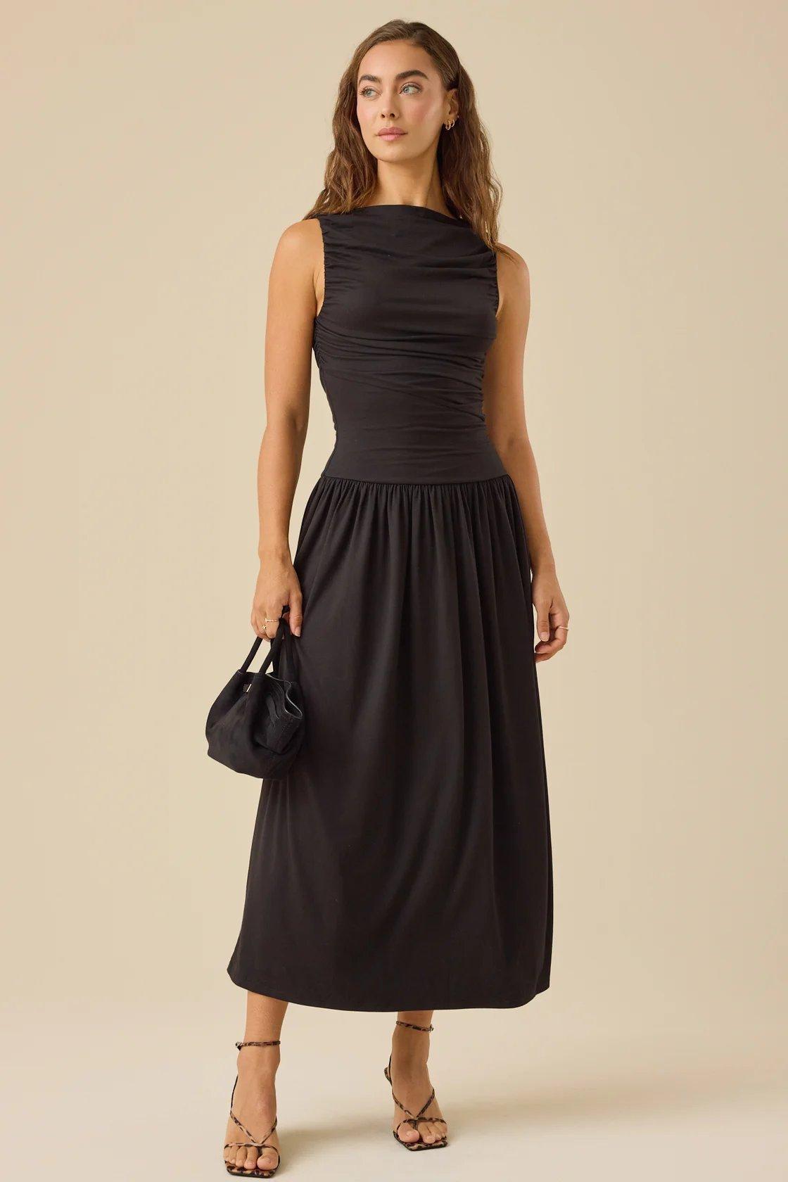 black sleeveless drop waist maxi dress