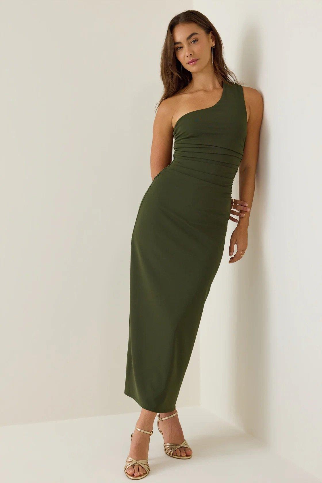 one shoulder olive maxi dress