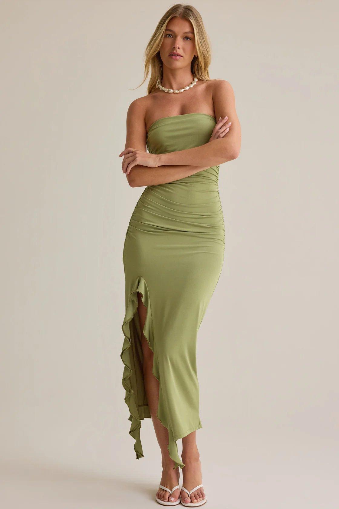 green strapless ruffle maxi dress