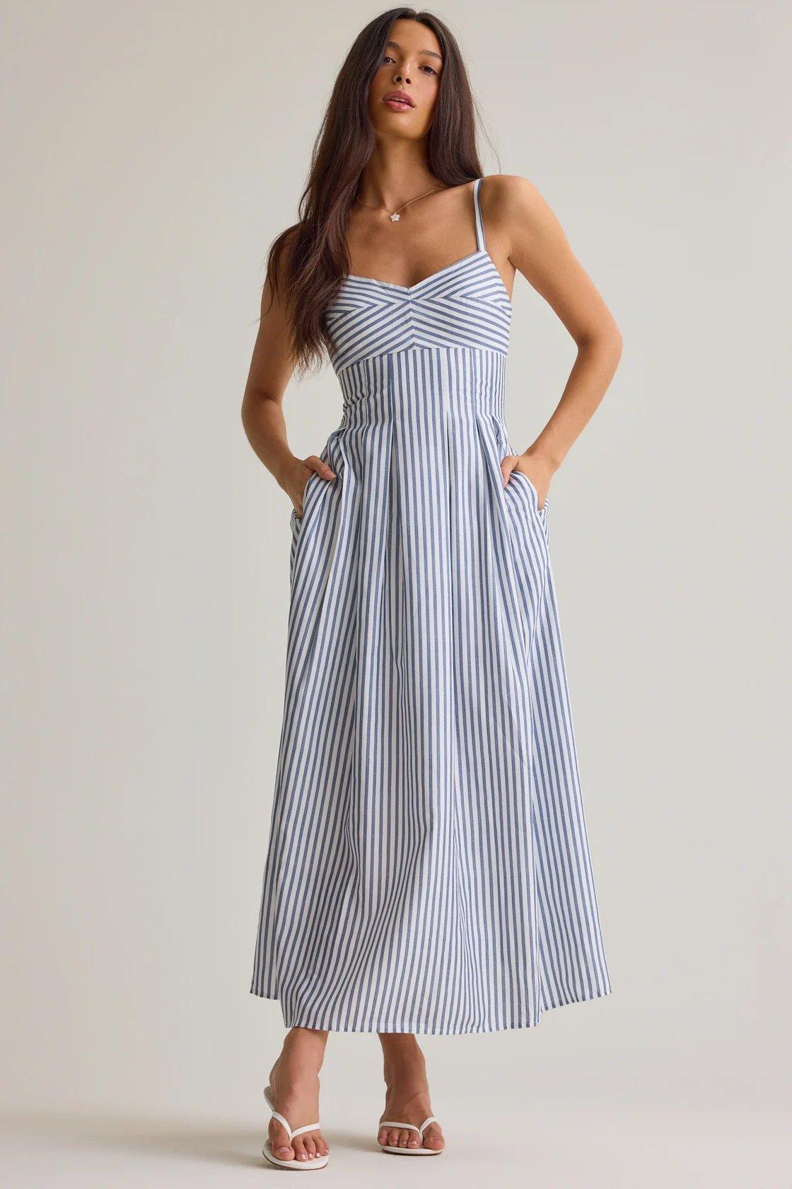 blue and white stripe midi dress