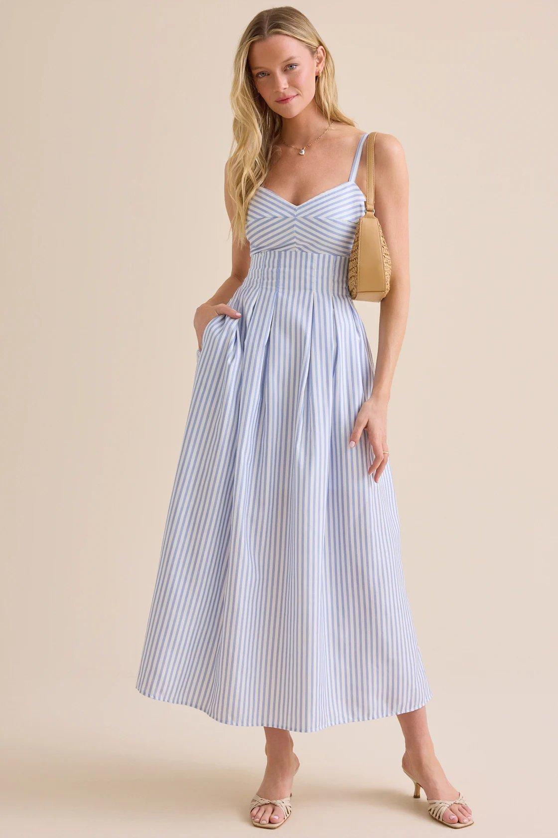 blue and white striped maxi dress