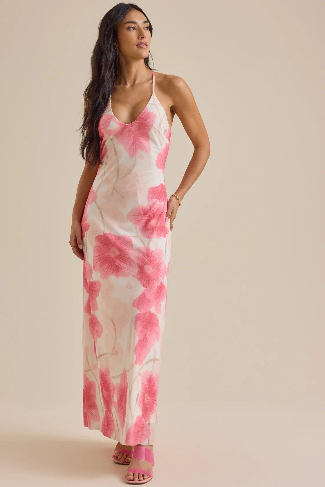 white maxi dress with large print flowers