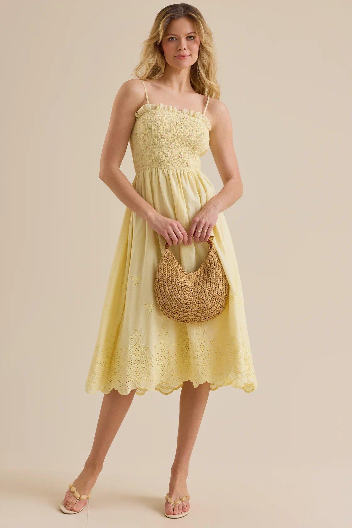 yellow sleeveless eyelet maxi dress