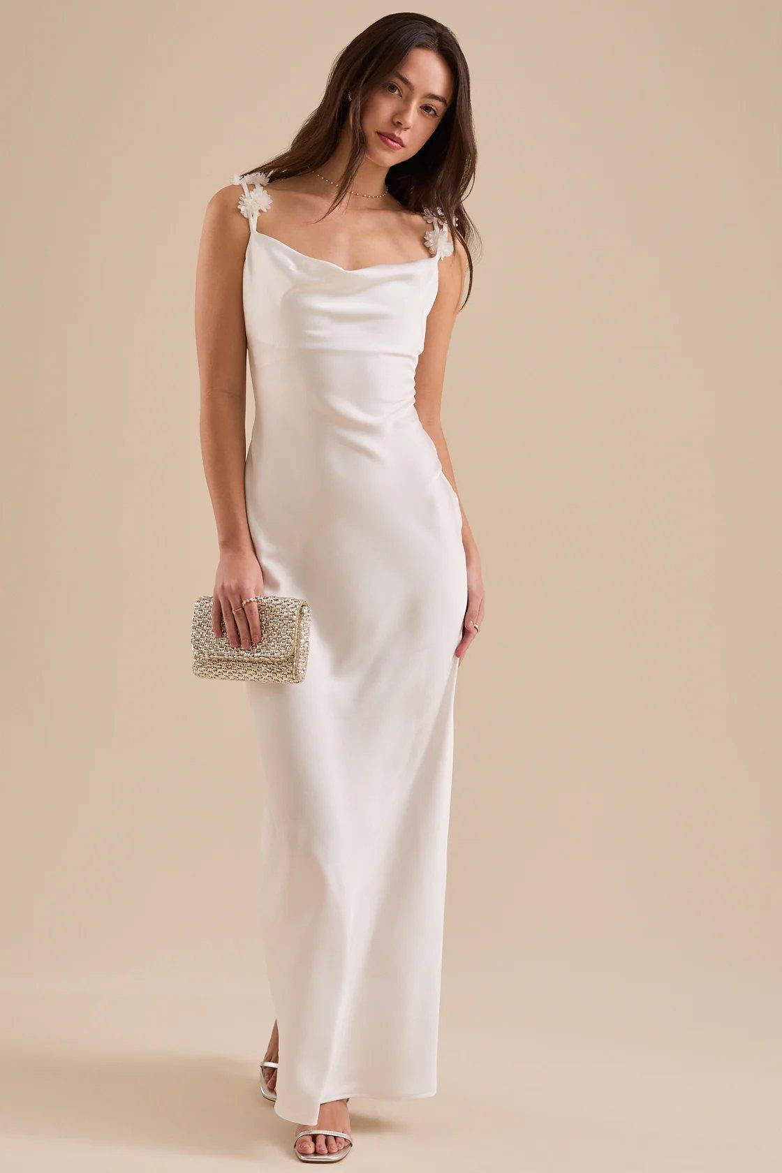 white sleeveless satin dress with floral straps