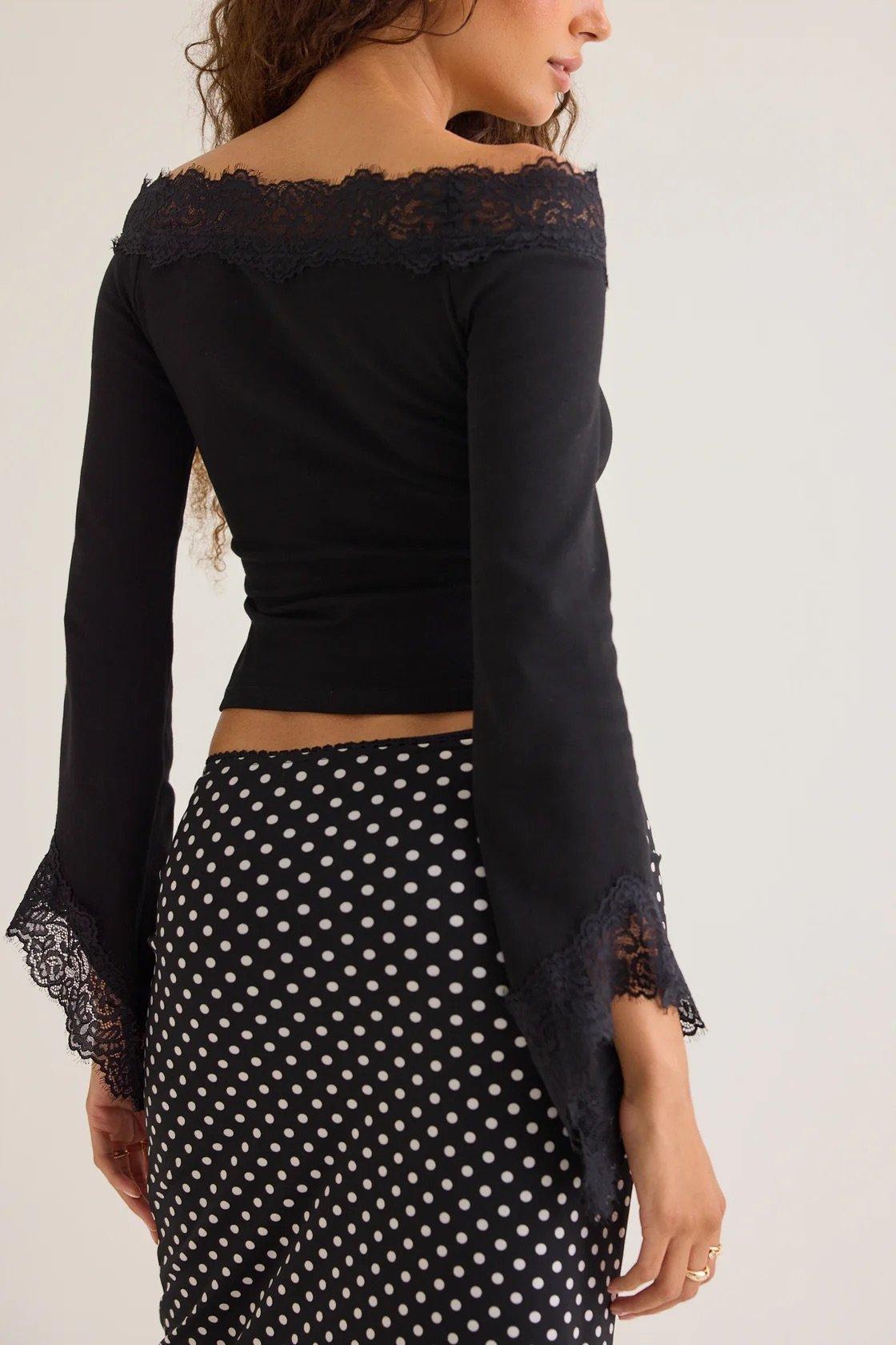 off the shoulder black top with lace trim detailing