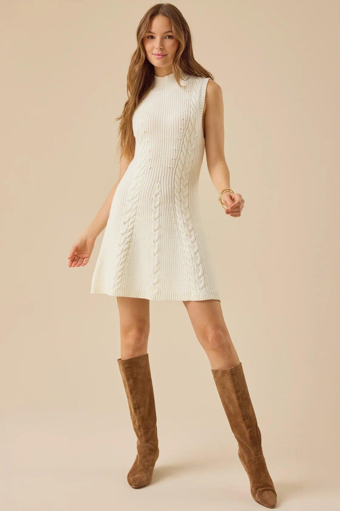 cream sleeveless sweater dress