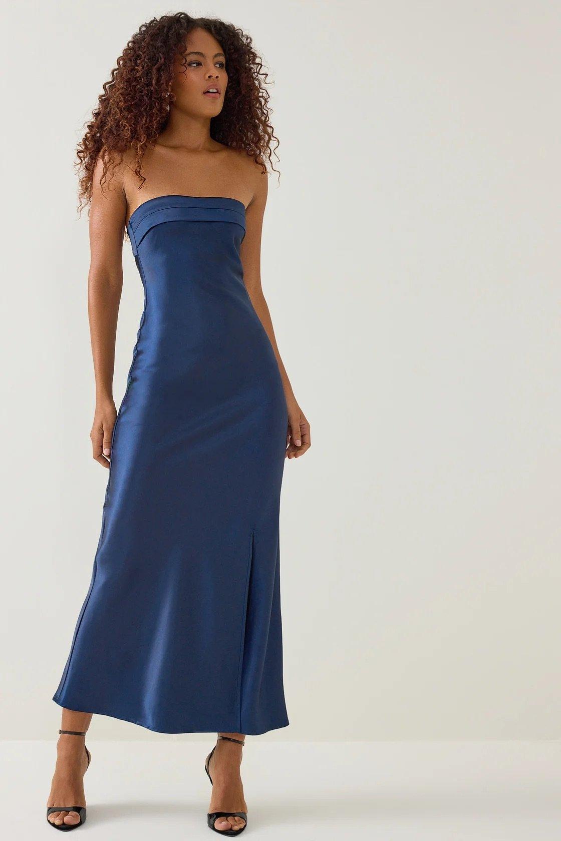 navy blue strapless satin maxi dress