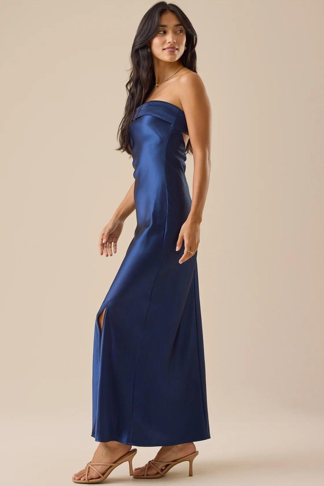 Strapless satin maxi dress
