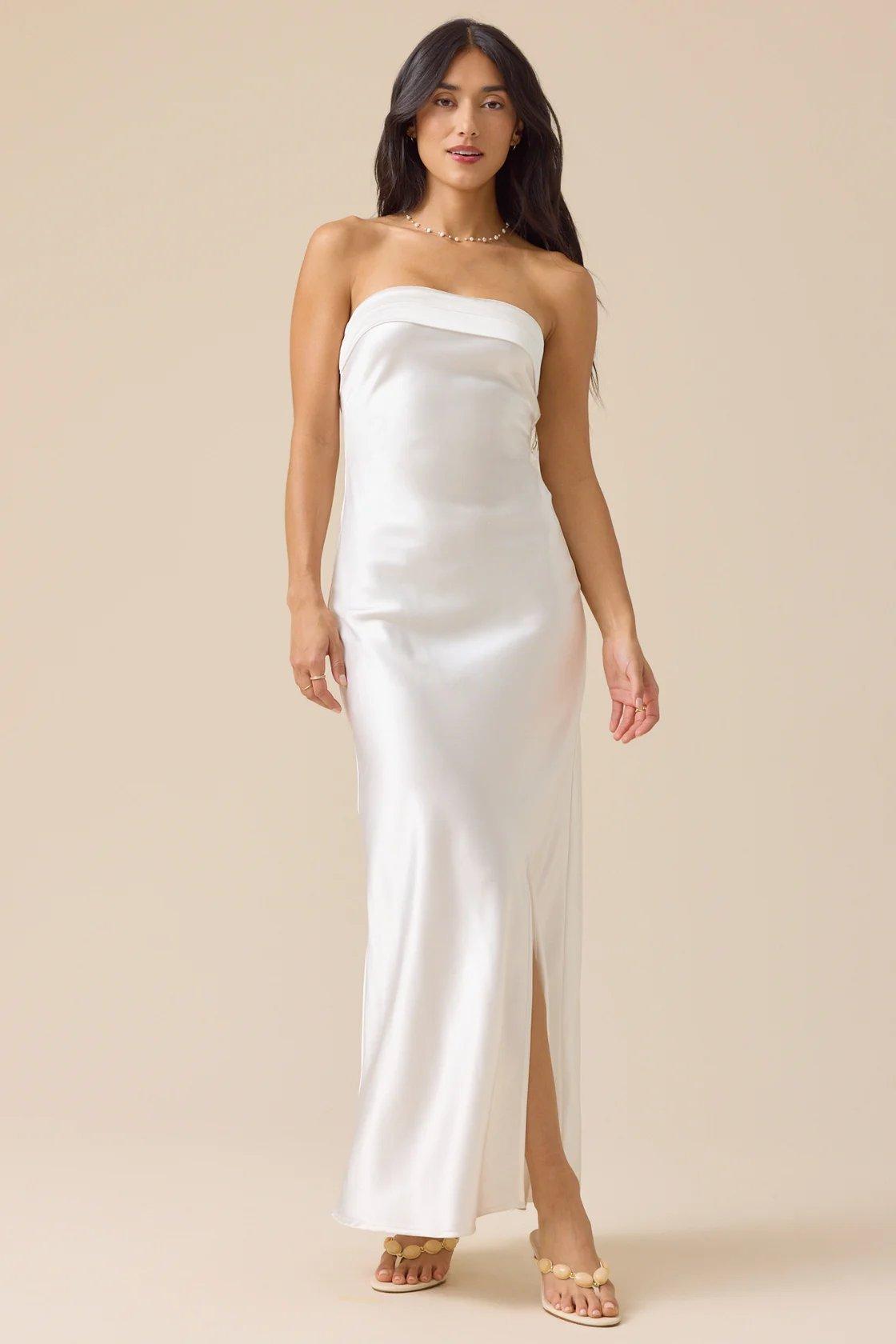 white strapless satin maxi dress