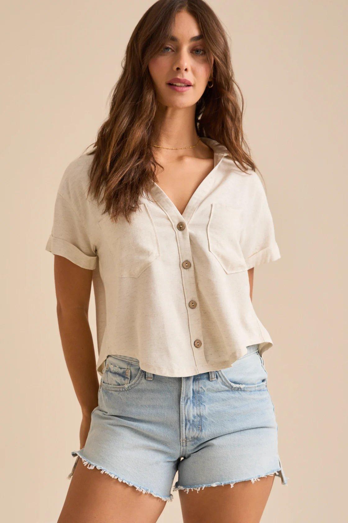 oatmeal colored cropped linen shirt