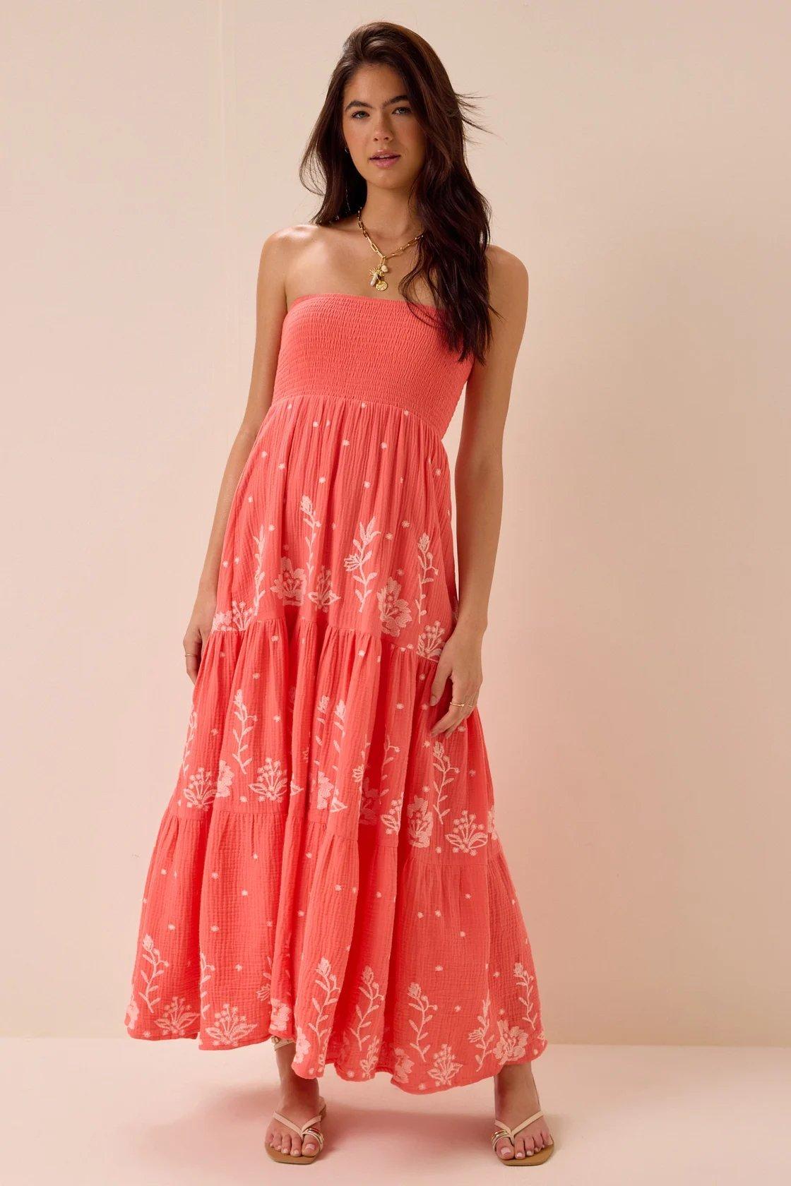 coral pink tiered strapless maxi dress
