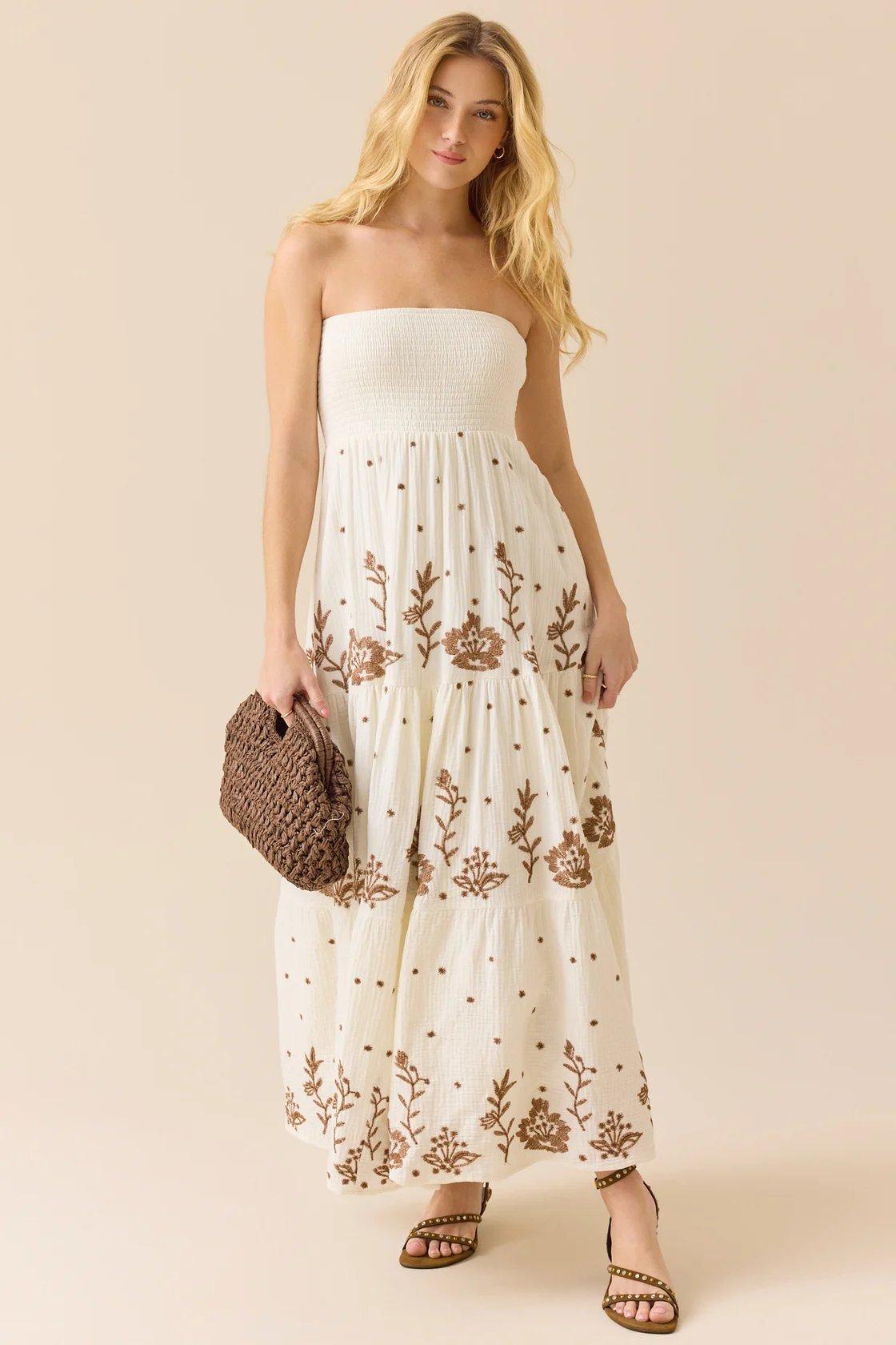ivory strapless tiered maxi dress with brown flower detailing
