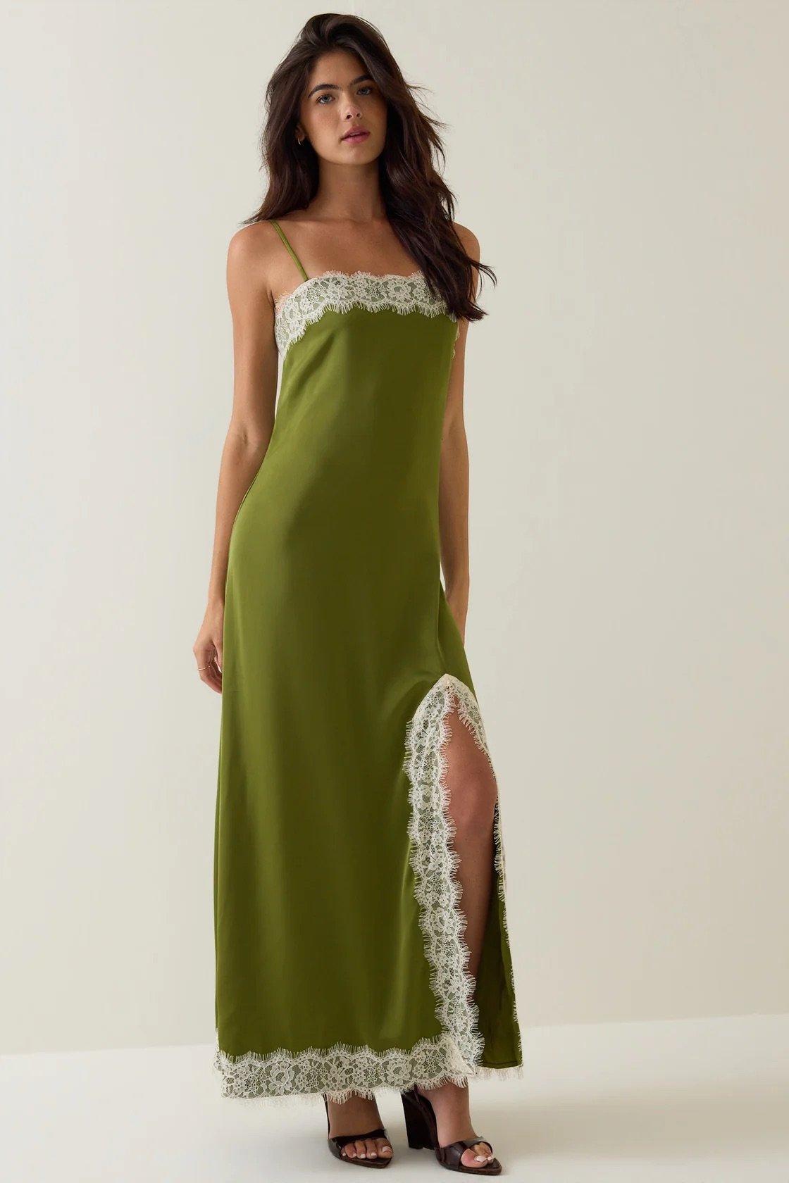 green maxi dress with white lace trim