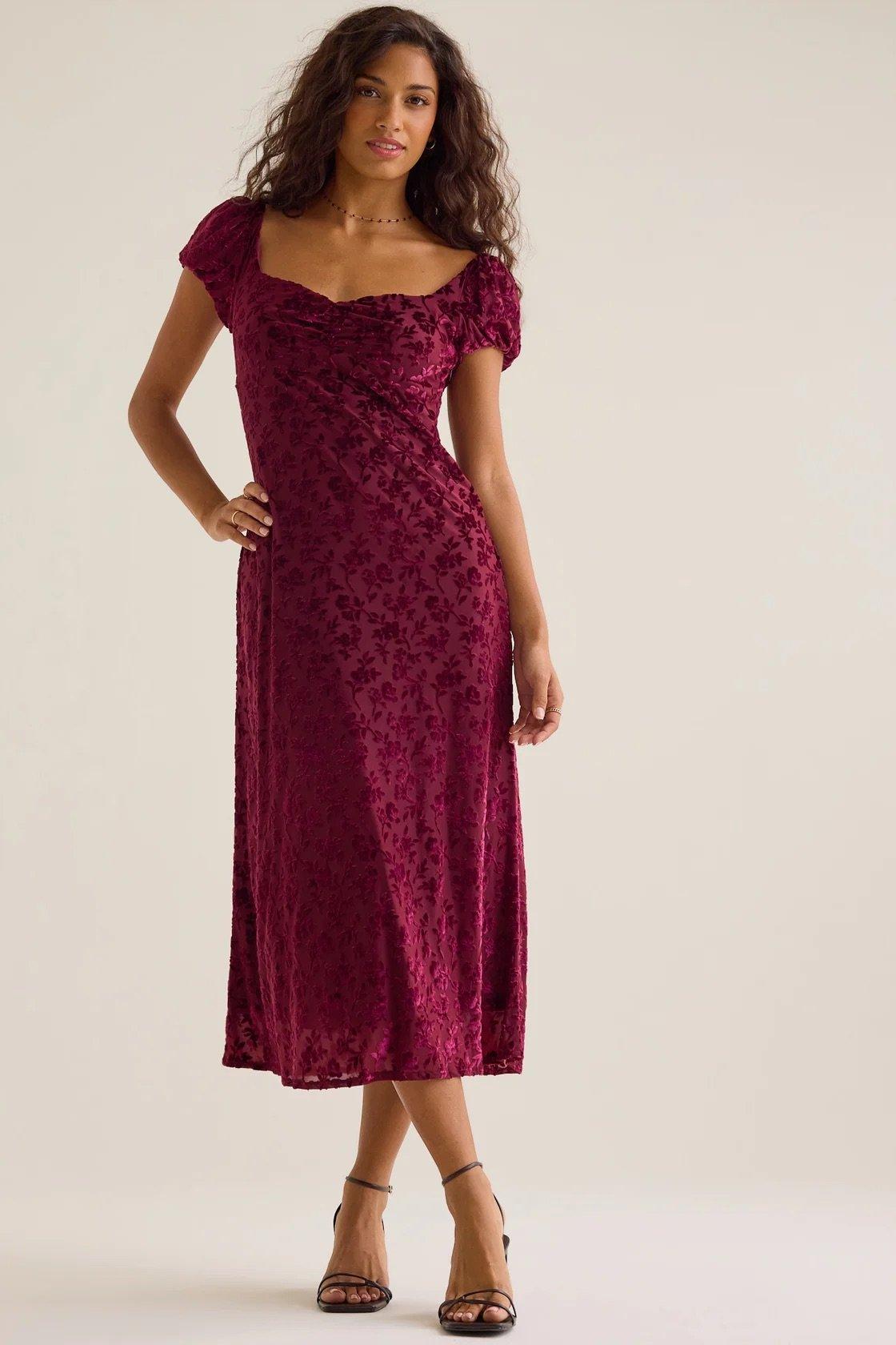 wine red floral velvet midi dress