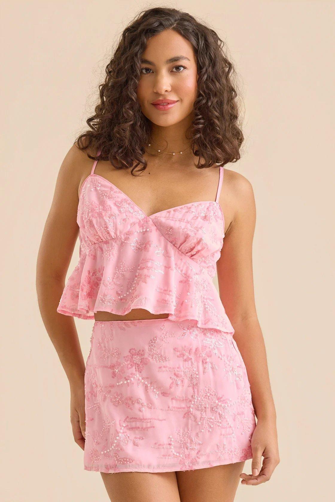 pink embellished mini skirt