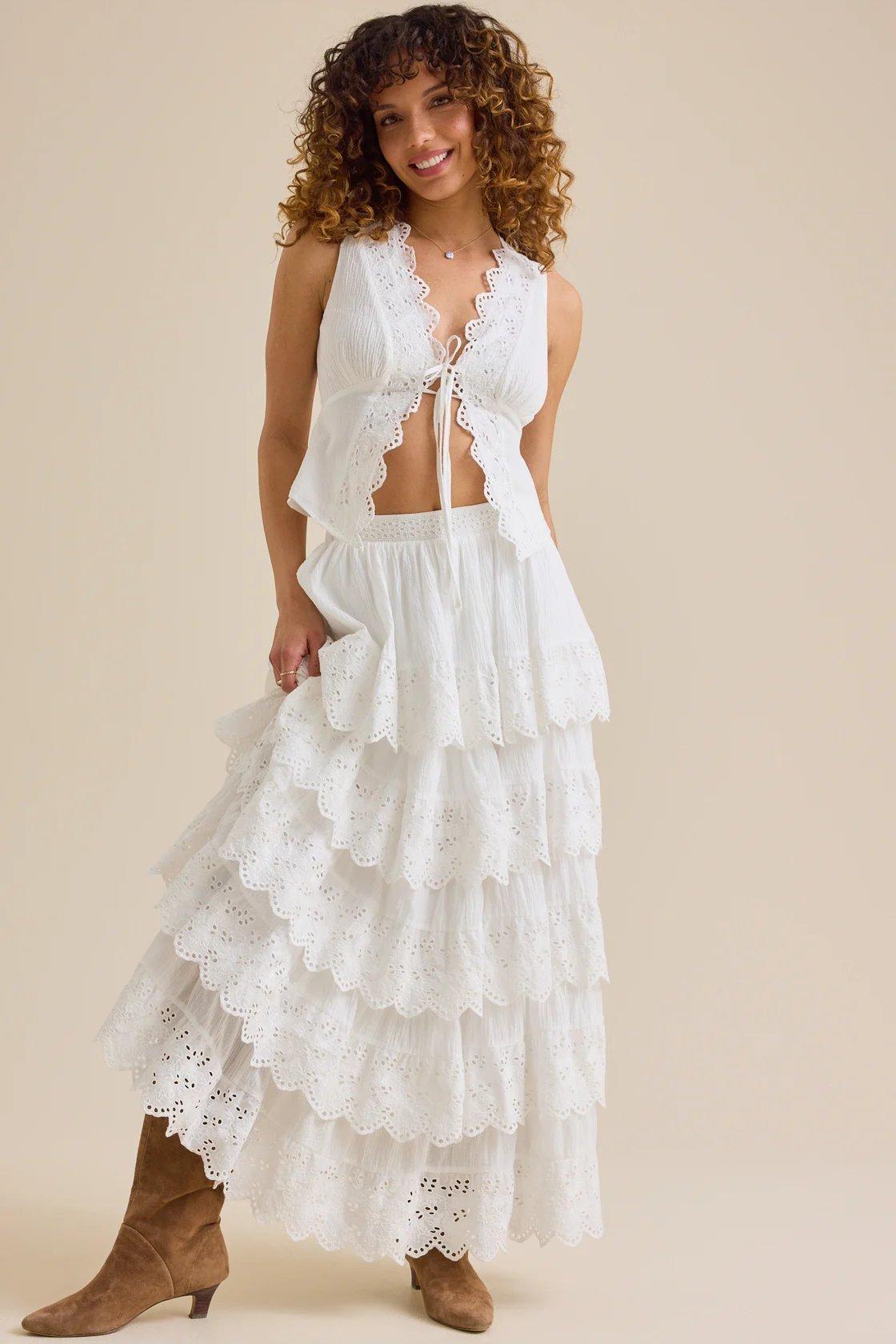 white layered crochet trim maxi skirt