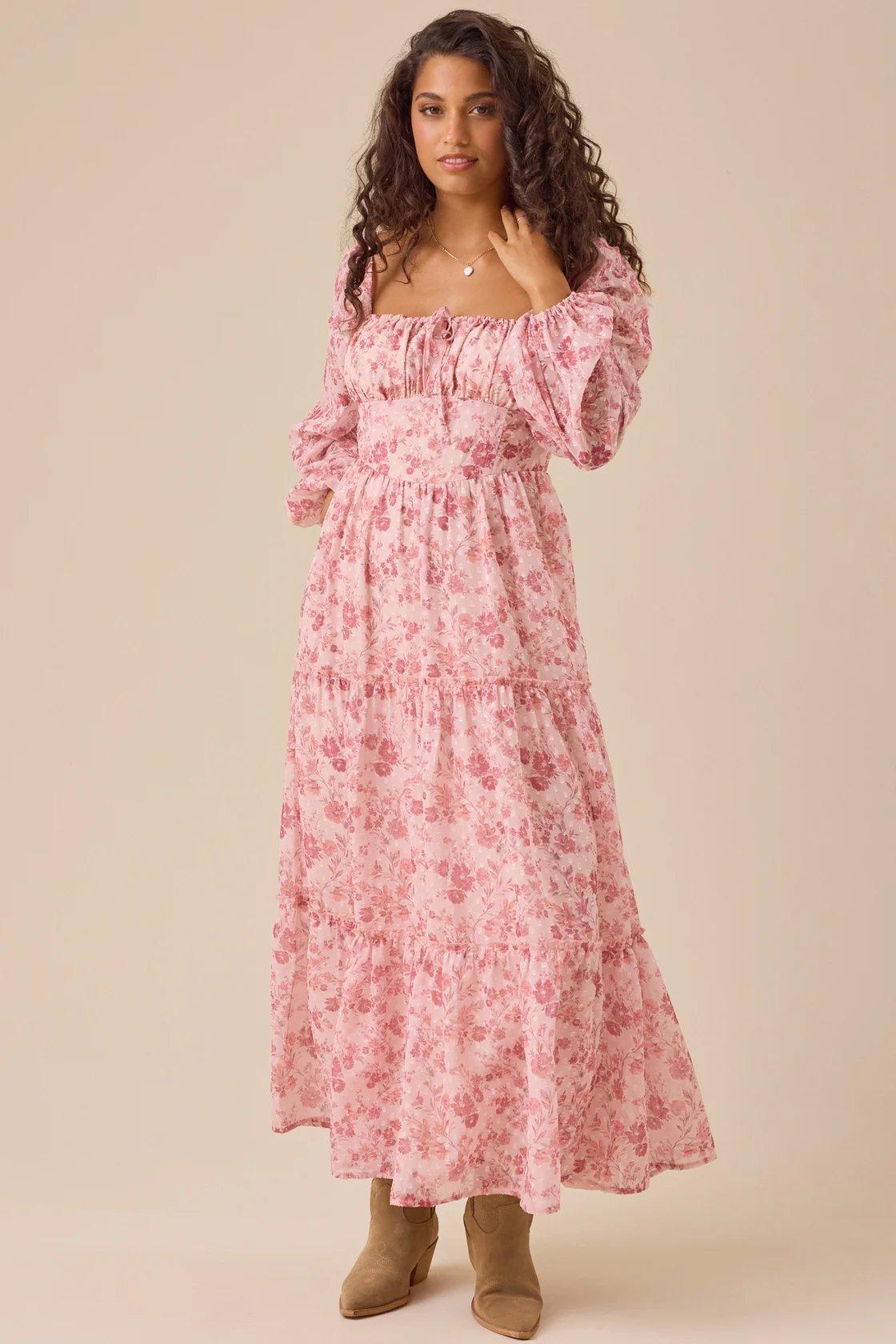 Pink floral long sleeve maxi dress