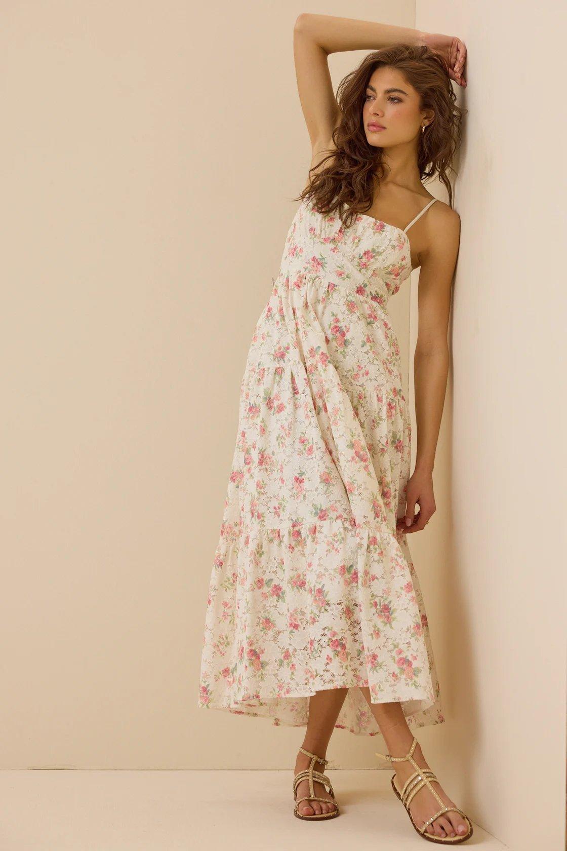 white maxi dress with pink flowers