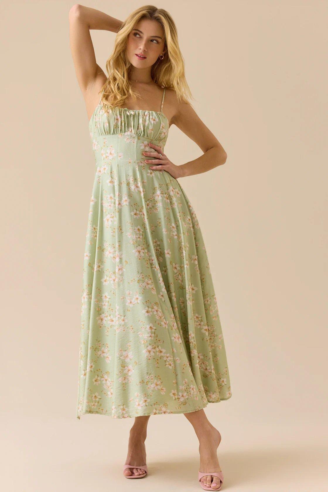 green flowy floral maxi dress