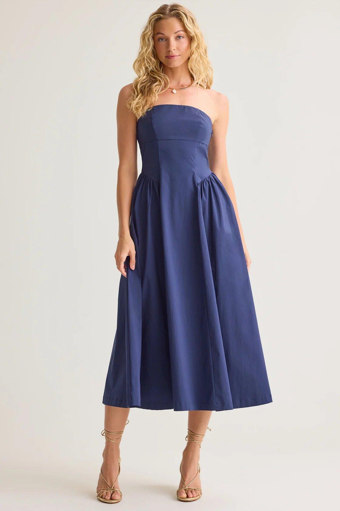 navy strapless midi dress