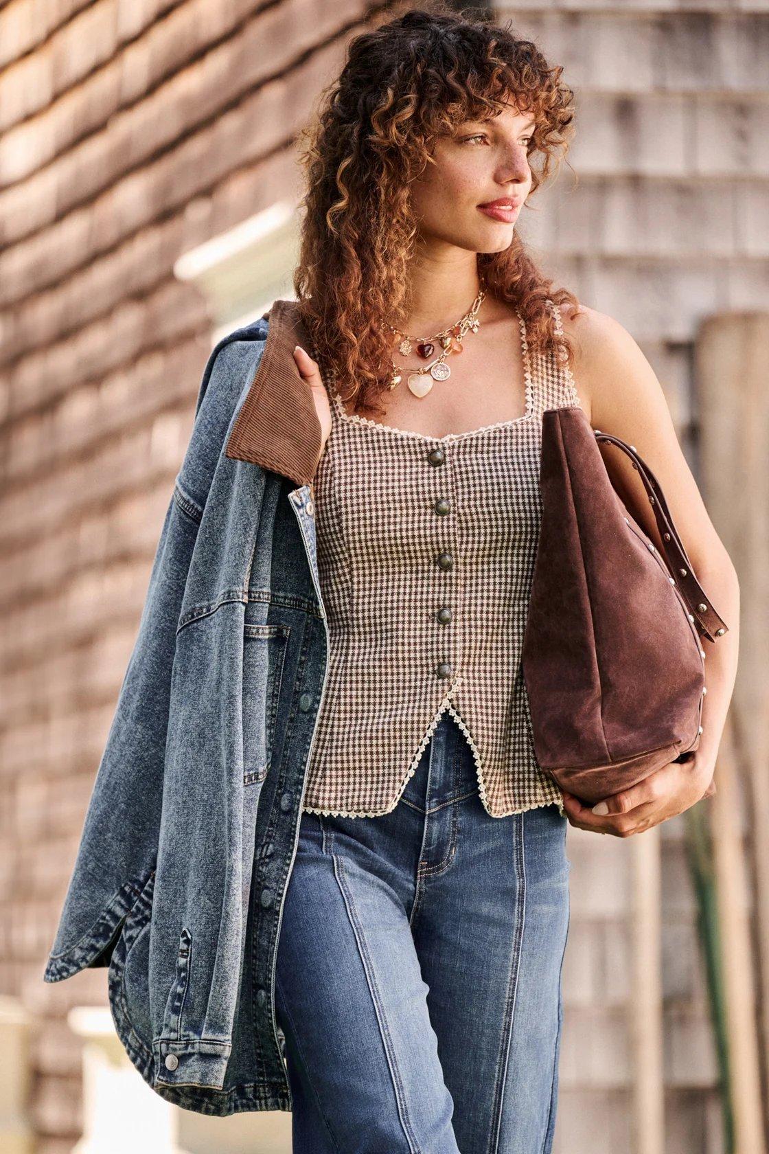 brown and white gingham patterned button up vest