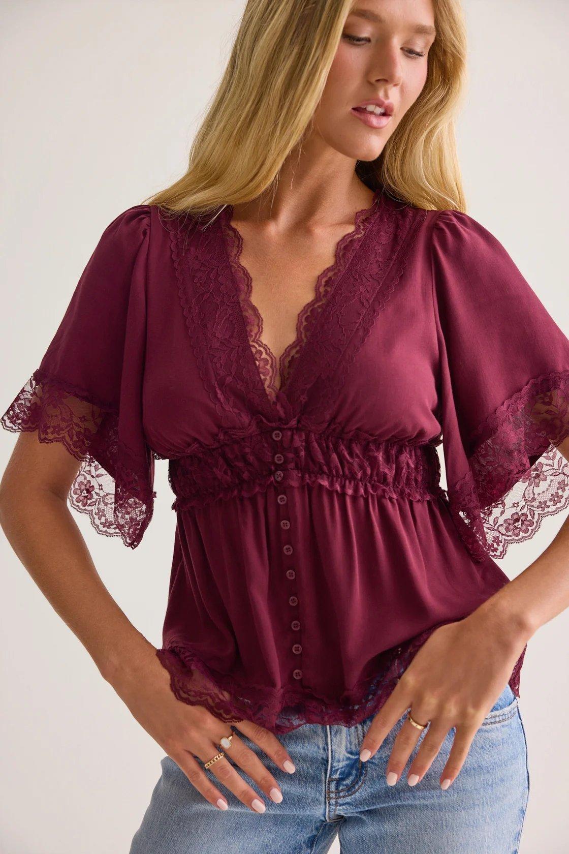 wine red lace trim babydoll top