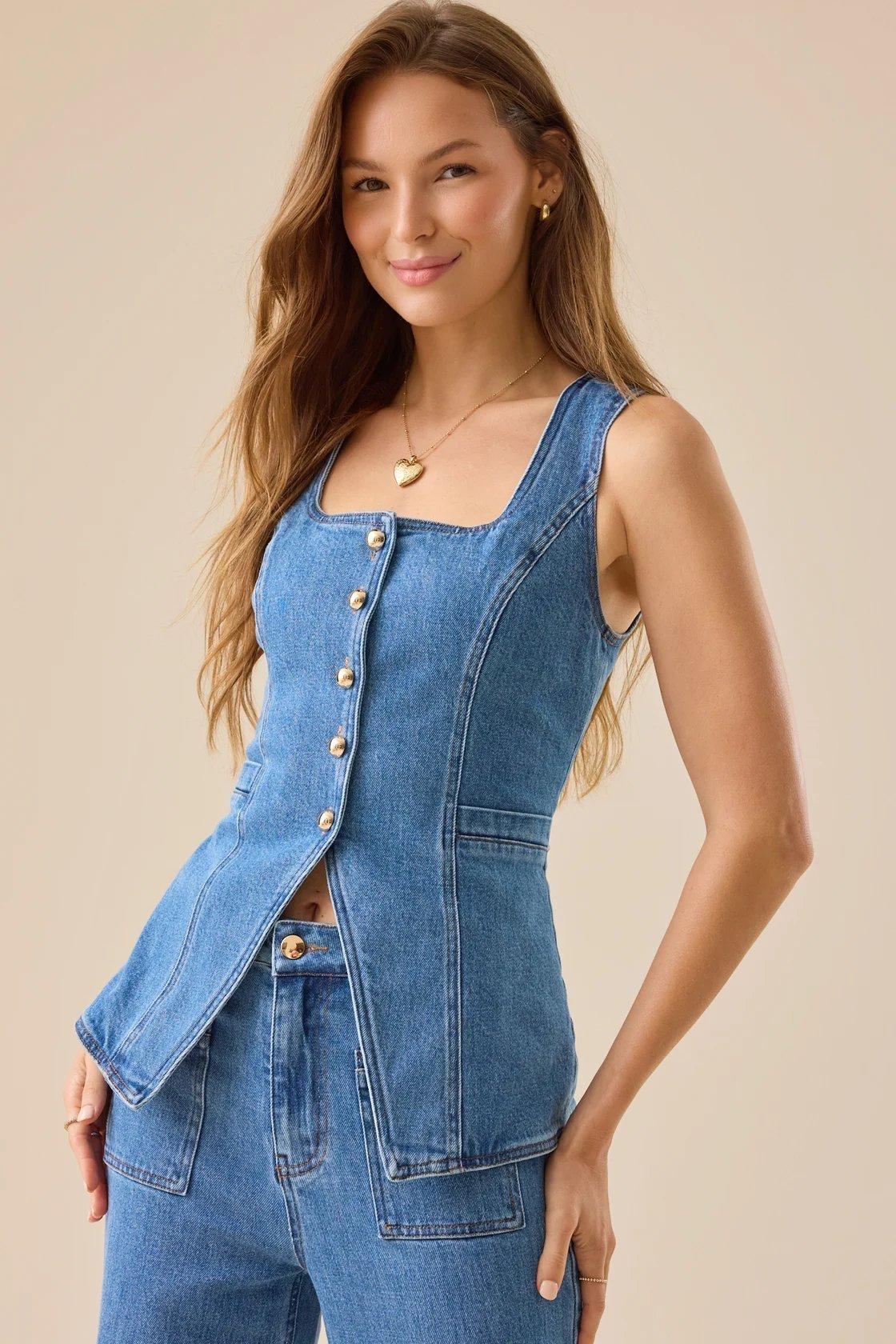 denim button down sleeveless top