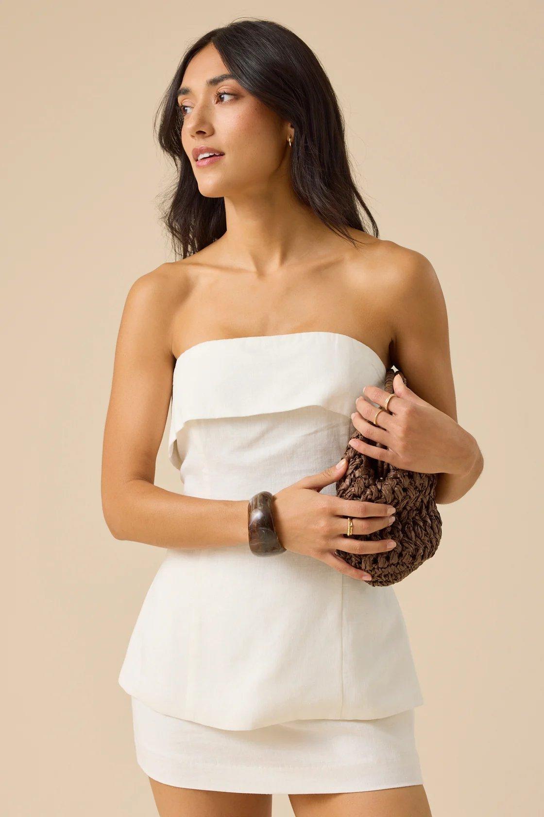 white fold over linen strapless top